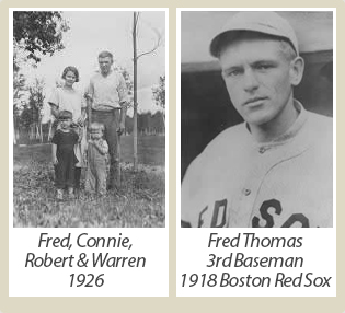 Archival portraits of Fred, Connie, Robert and Warren, and Fred in his 1918 Red Sox uniform